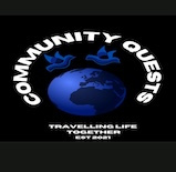 Community Quests logo, Blue world globe with 2 doves flying together around it, travelling life together